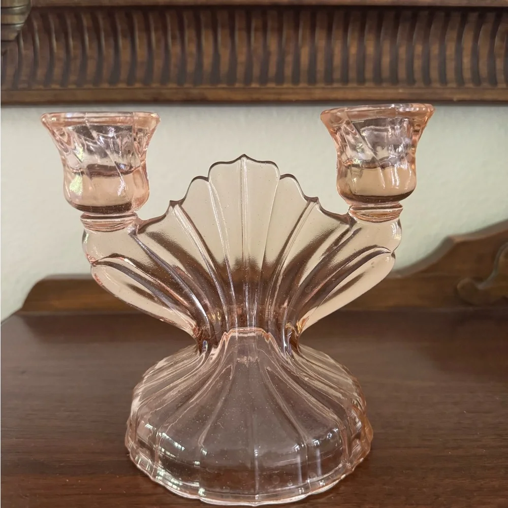 Vintage depression, glass double candle holder, peach luster